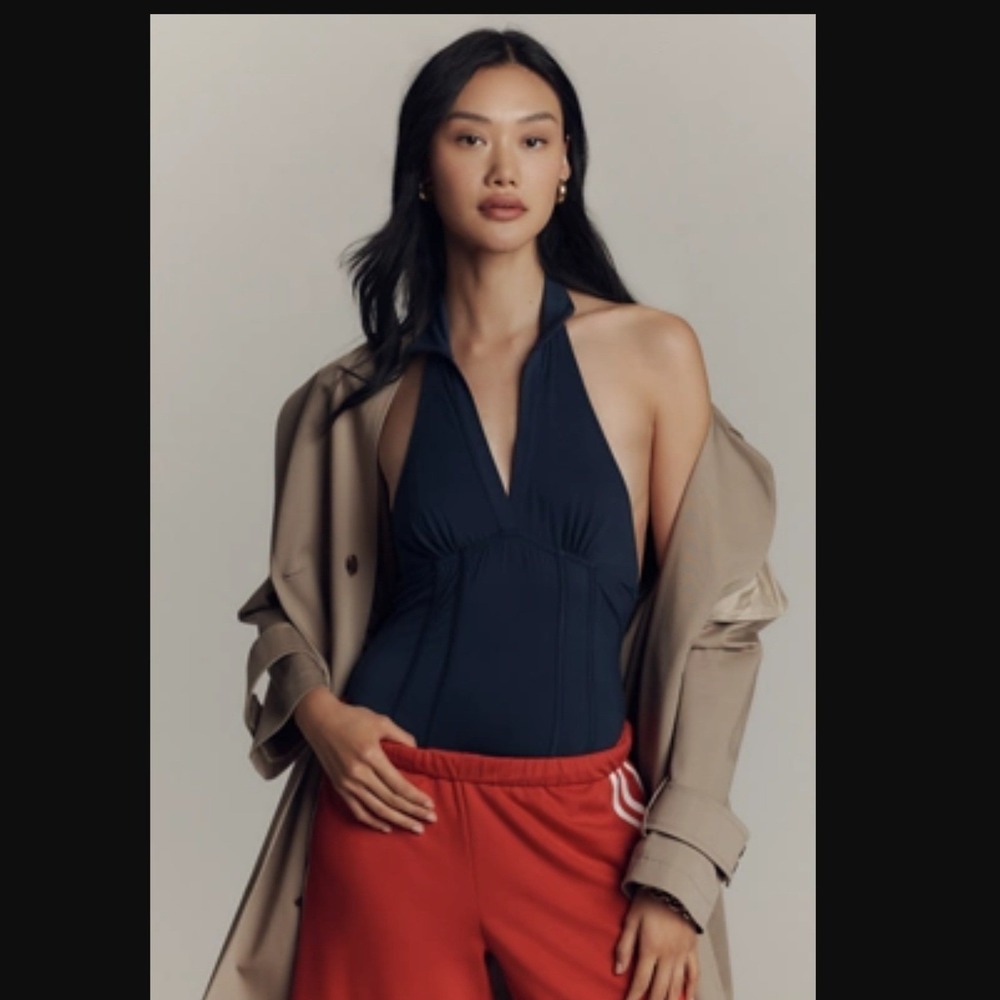 NWT! Anthropologie Halter Jersey Bodysuit XL‎ Navy Blue Collar Backless